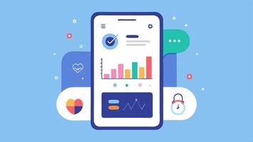 Mobile Health App Interface A smartphone screen with an open health app showing a dashboard of health analytics including steps sleep patterns and hydration levels.. vector