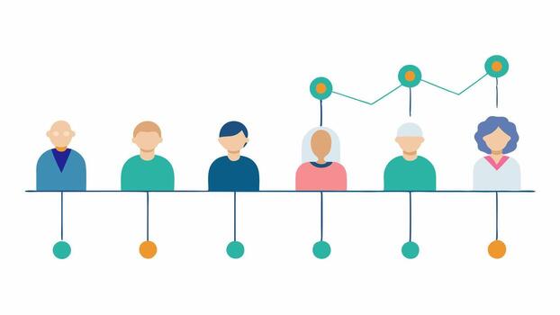 Longevity Timeline A timeline graph showing the impact of different biomarkers on health and longevity over the years with milestones indicated by stylized people at different. vector