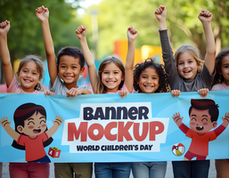 some children holding a mockup banner psd