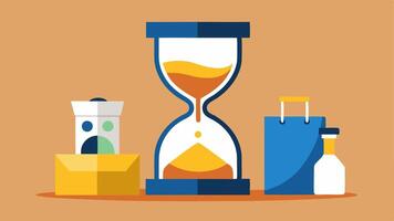 Time Instead of Things An hourglass with the sand symbolizing time flowing with shopping bags fading into the background emphasizing valuing experiences over material goods.. vector