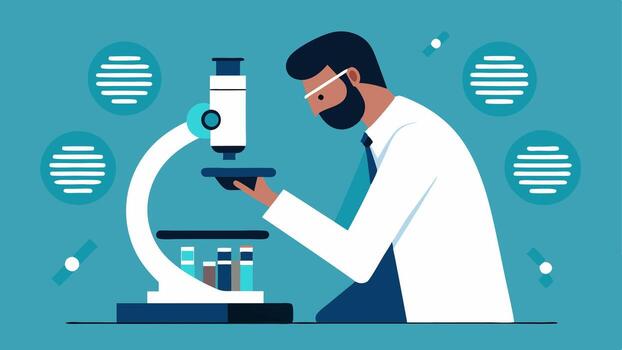Microscope Interface A scientist looking through a sophisticated microscope with a holographic display showing realtime genetic data and editing probabilities.. vector