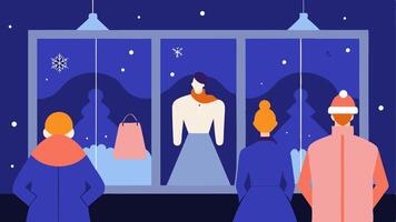 Window Display Wonders Shoppers gazing in awe at elaborately decorated shop window displays featuring mannequins dressed in winter fashion alongside sparkling ornaments.. vector