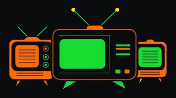Vintage Televisions Oldfashioned televisions with glowing screens display snippets of sale information styled with bright orange and neon green accents.. vector