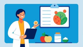 Meal Planning The health coach showing a colorful meal plan on a tablet featuring healthy food images and portion sizes while a patient takes notes.. vector