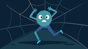 Web Encounter A side view of a character caught midstride one foot raised as they walk into a large exaggeratedly cartoonish spider web depicted as a large intricate pattern in the. vector