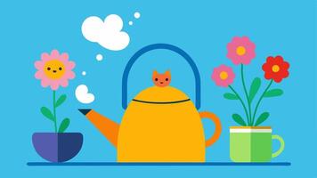 UpsideDown Tea Kettle A cheerful cartoonstyle kitchen depicting a tea kettle being used as a flower pot with colorful flowers growing out of the spout. Steam is comically floating. vector