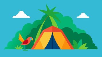 Tent and Wilderness This shows the surroundings featuring a brightly colored tent with a rolledup flap revealing camping gear and supplies inside. The tiger is seen peeking. vector