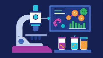 Microbiome Analysis Station A microscope setup focusing on a slide with a colorful array of bacteria cultures accompanied by digital analysis on a nearby screen.. vector