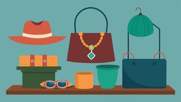 Upcycled Accessories A collection of accessories such as bags jewelry and hats made from upcycled materials displayed on a rustic wooden table.. vector