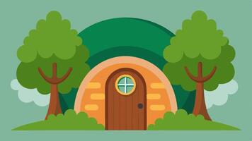 Trunk Embrace A whimsical house nestled within a thick textured tree trunk featuring a rounded wooden door at the base small circular windows adorned with flower boxes and a. vector