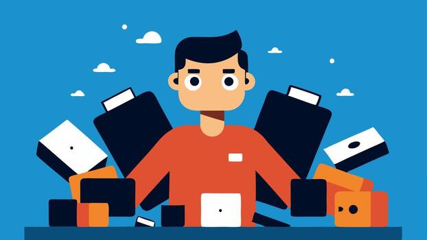 Tech Temple A tech enthusiast gleefully browsing through colossal mounds of electronic accessories with massive Markdown Mania signs hovering overhead.. vector