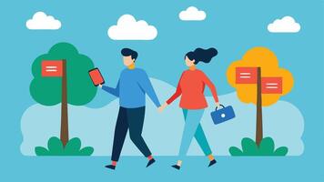 Walk in the Park A couple walking hand in hand in a park each using their smartphones. Cheerful SALE banners float around them as they compare deals.. vector