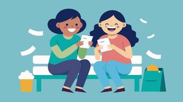 Two friends sitting on a bench laughing at a funny text on one of their phones with cled shopping receipts tered on their laps.. vector