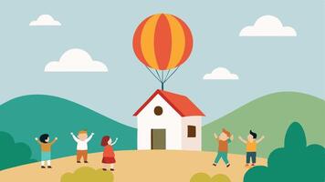 Up Up and Away An imaginative showing a classic cottage with a thatched roof being lifted by a gigantic striped balloon. The balloon has a playful expression with its face. vector