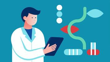 Medication Adjustment A doctor adjusting a dosage on a tablet with a graphic of a DNA strand in the background indicating personalized medication strategies based on genetic. vector