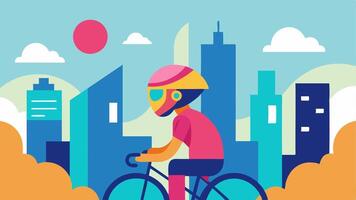 Urban Cyclist A trendy individual navigates through a modern cityscape on a bicycle. Their helmet in the shape of a teacup is brightly colored with a glossy finish. Skyscrapers and. vector