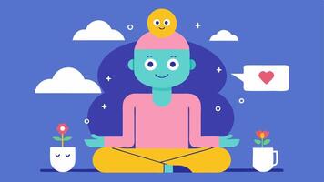 Mindfulness and Mental Health An illustration of AI supporting mental wellness showing a user engaging in mindfulness practices with an animated AI character providing. vector