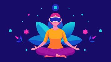 Meditative Space An illustration of a patient in a lotus position with a VR headset surrounded by soft glowing mandalas and peaceful colors to enhance relaxation.. vector