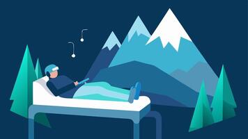 Mountain Retreat A patient lying on a hospital bed using a VR headset while a holographic mountain landscape with snow caps and pine trees is projected around them.. vector