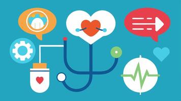 Medical Icons A collage of various healthrelated icons stethoscope heart thermometer with arrows pointing to a central AI brain icon emphasizing integration.. vector