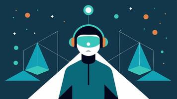 Mindful Journey A journeythemed illustration where a person wearing a digital headset is surrounded by a path made of abstract geometric shapes representing different levels of. vector