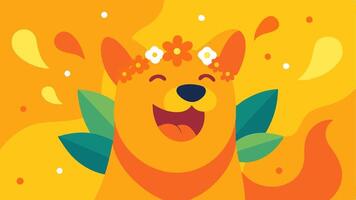 Vibrant Dog with Flower Crown A happy dog adorned with a colorful floral crown sitting back with a broad smile. Its tongue is lolling out and its fur is illustrated in shades of. vector