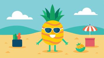 Tropical Vibes A quirky pineapple with chic sunglasses is basking in the sun on a striped beach towel next to a cooler filled with drinks. Simplistic figures of individuals are. vector