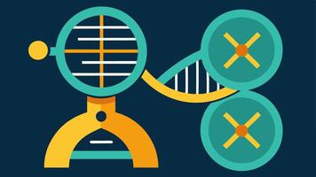 Microscope View An illustration showing a closeup of DNA under a microscope with highlighted yl groups symbolizing the detailed analysis of ylation.. vector