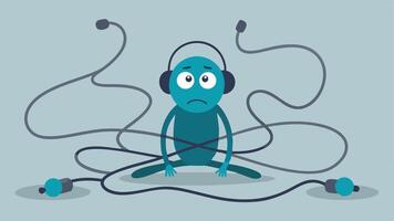 The Tangle Explosion A character sits on the floor surrounded by an explosion of tangled earphones. They lean back with a bewildered look wide eyes and mouth agape. The earphones. vector