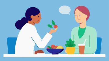 Mindful Eating A serene dining setting where the patient is practicing mindful eating slowly savoring a colorful salad while the nutritionist encourages focus on flavors and. vector