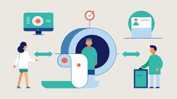 MRI Scan Process A stepbystep illustration showcasing the MRI scanning process from patient preparation to entering the machine and receiving results with numbered stages.. vector