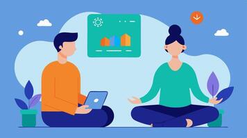 Mental Fitness Moment A calm setting where a trainer guides a client through meditation with biomarker metrics displaying stress levels and suggesting mindfulness techniques.. vector