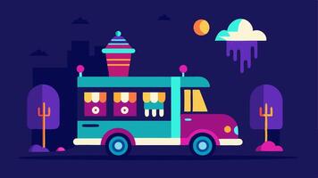 TimeTraveling Ice Cream Truck An ice cream truck that has transformed into a time machine with neon lights and dials on the dashboard. Its parked in a park where various historical. vector