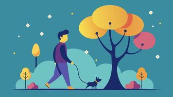 Trees Day Out A single walking tree with glowing lanterns hanging from its branches takes a leisurely stroll through a flowerfilled park. It stops to greet a friendly dog and its. vector