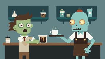 The Undead Barista Create a scene inside an old abandoned coffee shop where a zombie is behind the counter showcasing its barista skills. The zombie wears a playful apron and has. vector