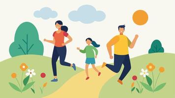 Trail Running A family jogging on a trail with the parents encouraging their children. The path is flanked by wildflowers and the sun filters through the trees.. vector
