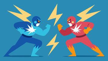 Ultimate Showdown Two characters are facing off in a classic fight stance with exaggerated features like gigantic arms and bulging muscles. They both have wild expressions. vector