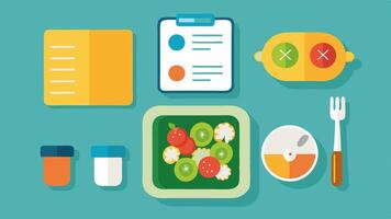 Meal Prep An overhead view of meal prep containers filled with balanced meals with a glucose monitor next to the food and a notebook recording nutritional information.. vector