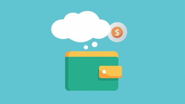 Thoughtful Wallet A closeup of a wallet with money and a small thought bubble saying Do I really need this illustrating the financial aspect of purchasing decisions.. vector