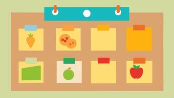 Meal Planning Board A corkboard with colorful sticky notes organized into days of the week each note containing simple meal ideas and snack options that promote health.. vector
