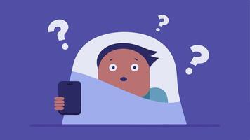 Texting Under the Covers Depict a character tucked in bed with a blanket pulled up to their chin. The characters face is illuminated by the light of their smartphone which they are. vector