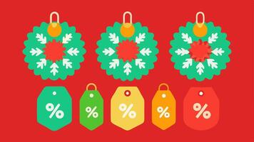 Discount Tags A collection of bright festive discount tags shaped like holiday wreaths snowflakes and ornaments each showcasing different percentage off.. vector