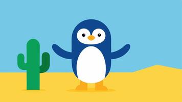 Unexpected Companions A penguin stands with its flippers crossed looking thoughtfully at a cartoonish smiling cactus. The cactus has a few cartoonish arms raised high as if trying. vector