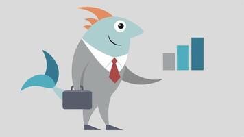 The Meeting An elegant fish in a light gray suit stands on its tail fin confidently gesturing while presenting to an audience of other anthropomorphized sea creatures. The fish. vector