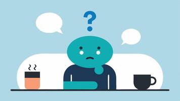 Text Bubble Overload A character sits at a table with their phone in hand and a gigantic text bubble looming above them filled with question marks and exclamation points. The. vector