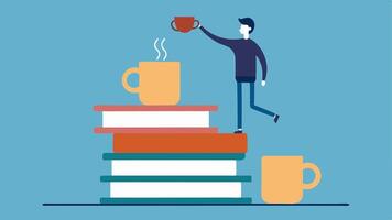 The Balancing Act This scene shows a small figure standing precariously on a stack of books to reach a gigantic coffee cup. The character is focused with one foot on the edge of. vector