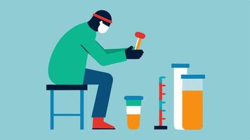 Microbiome Testing Procedure An image displaying a person using a small stool sample collection kit with labeled components nearby like collection tubes and gloves.. vector