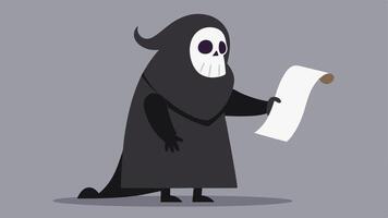 Yawning Reaper The Grim Reaper stands with a exaggerated yawn his hood partially covering his face. In one skeletal hand he holds a long scroll of paper unfurling to the ground.. vector