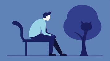 Thoughtful Pose with Cat Shadow A contemplative figure sitting on a bench leaning against a tree. The shadow cast behind them takes the playful form of a large cat with arched back. vector