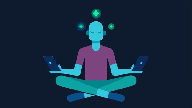 meditación y tecnología un figura sentado con las piernas cruzadas con un brillante inteligente dispositivo en mano fusionando tradicional atención plena practicas con moderno tecnología.. vector